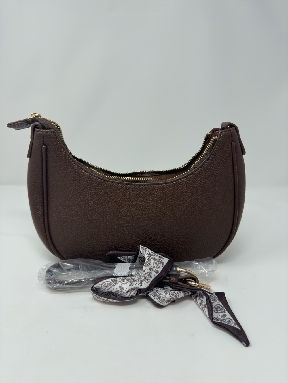 Vegan Leather Pebbled Crescent Shoulder Bag Brown Minimalist Classic Fall Luxury
